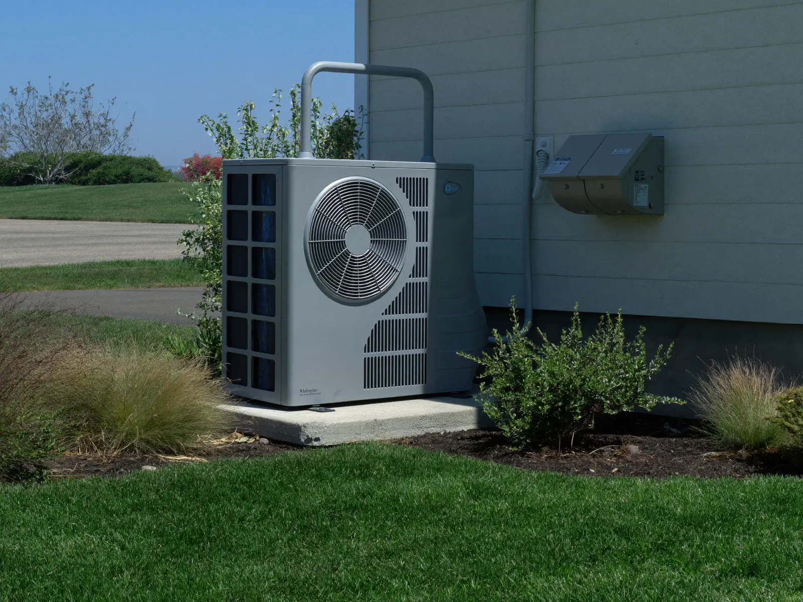 Outdoor air conditioning condenser unit beside a home