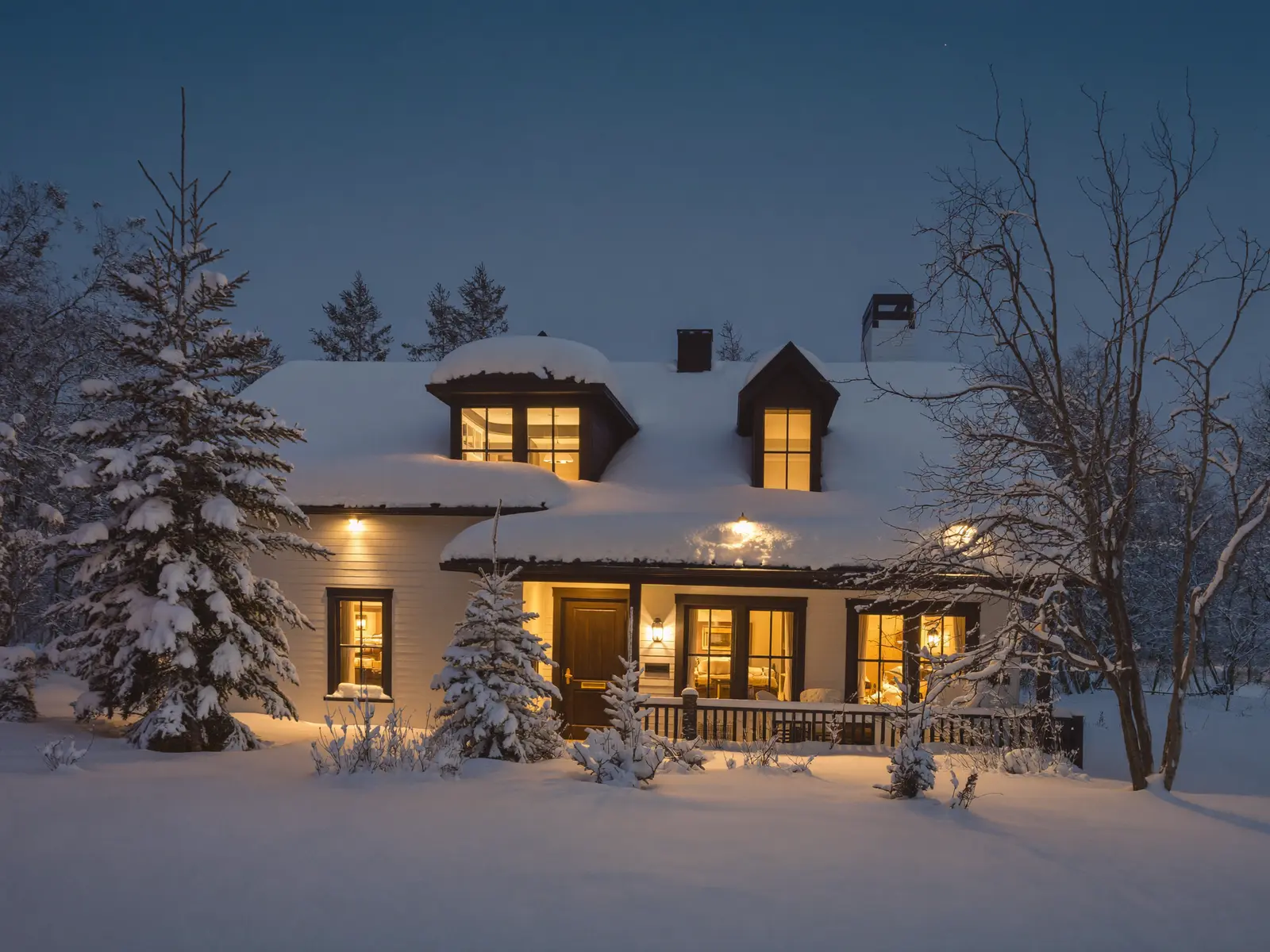 A Texas home glowing warmly on a deep winter evening
